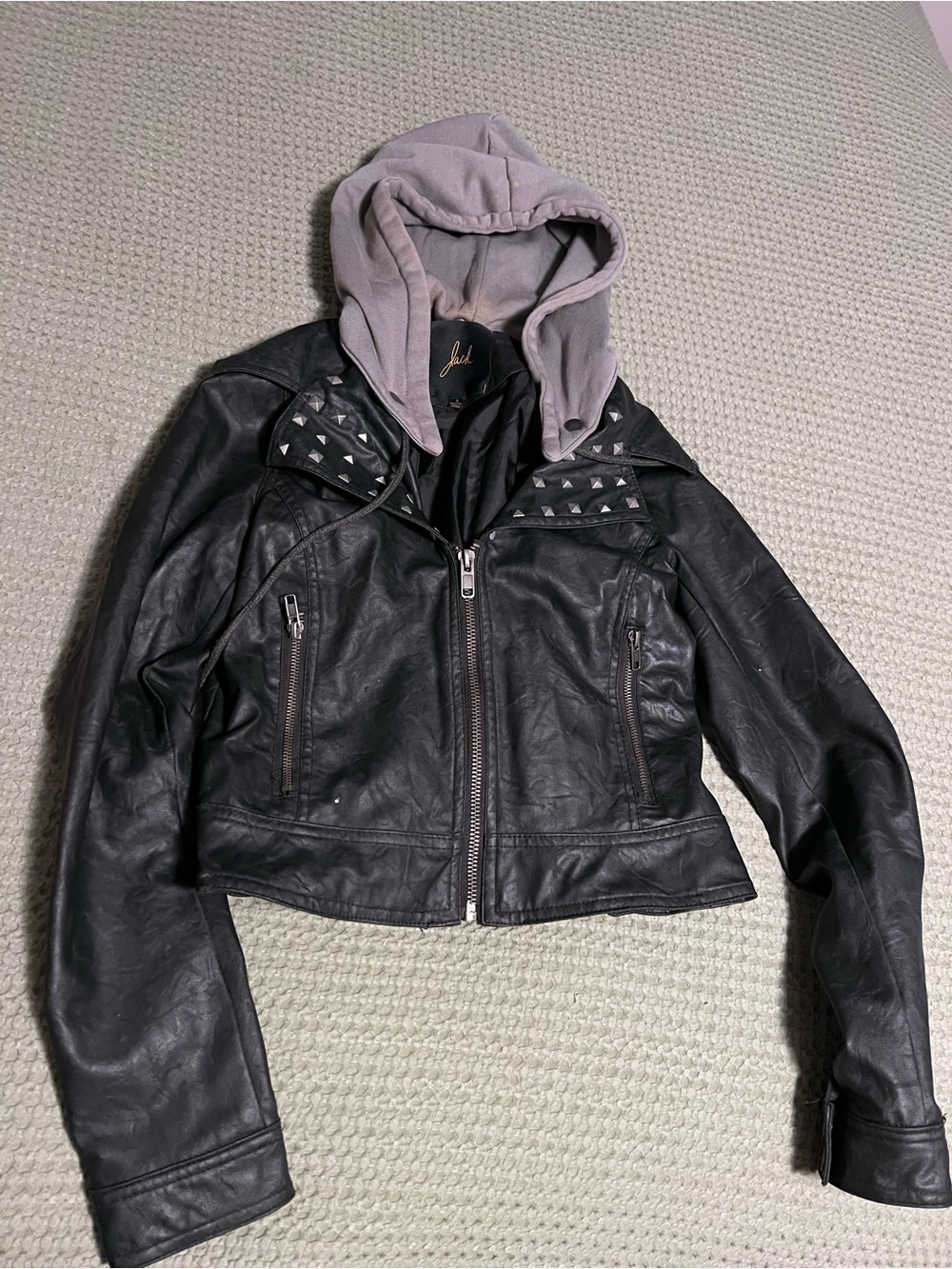 Jack by BB Dakota Cropped Black Faux Leather Studded Jacket with Gray Hood